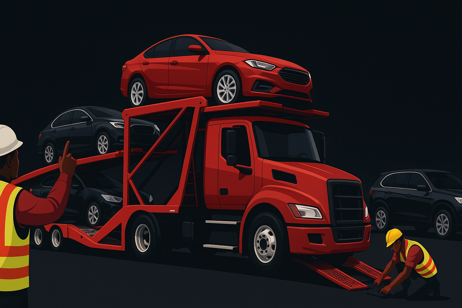 Workers loading and unloading cars on a red car carrier truck